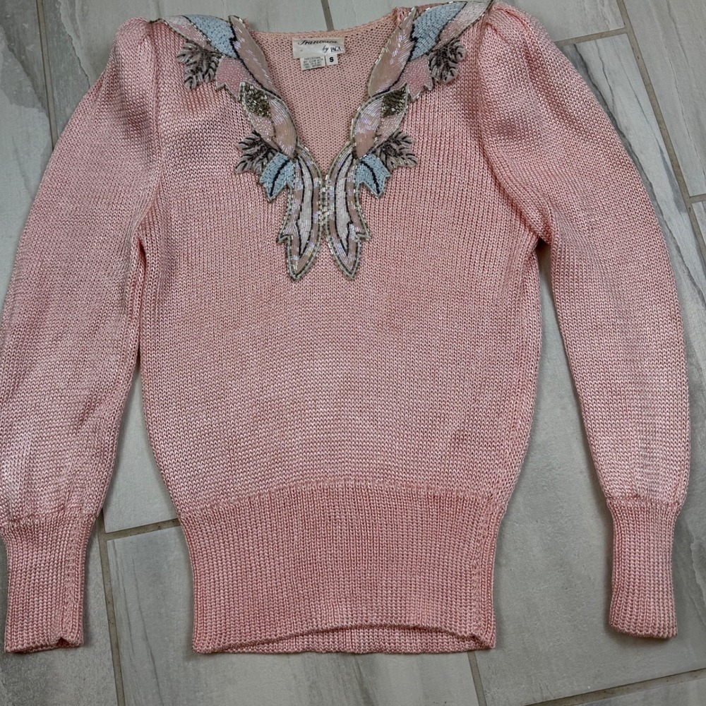 Vintage Francesca by PACA Pink Beaded V-Neck Viscose Rayon Knit Sweater Small